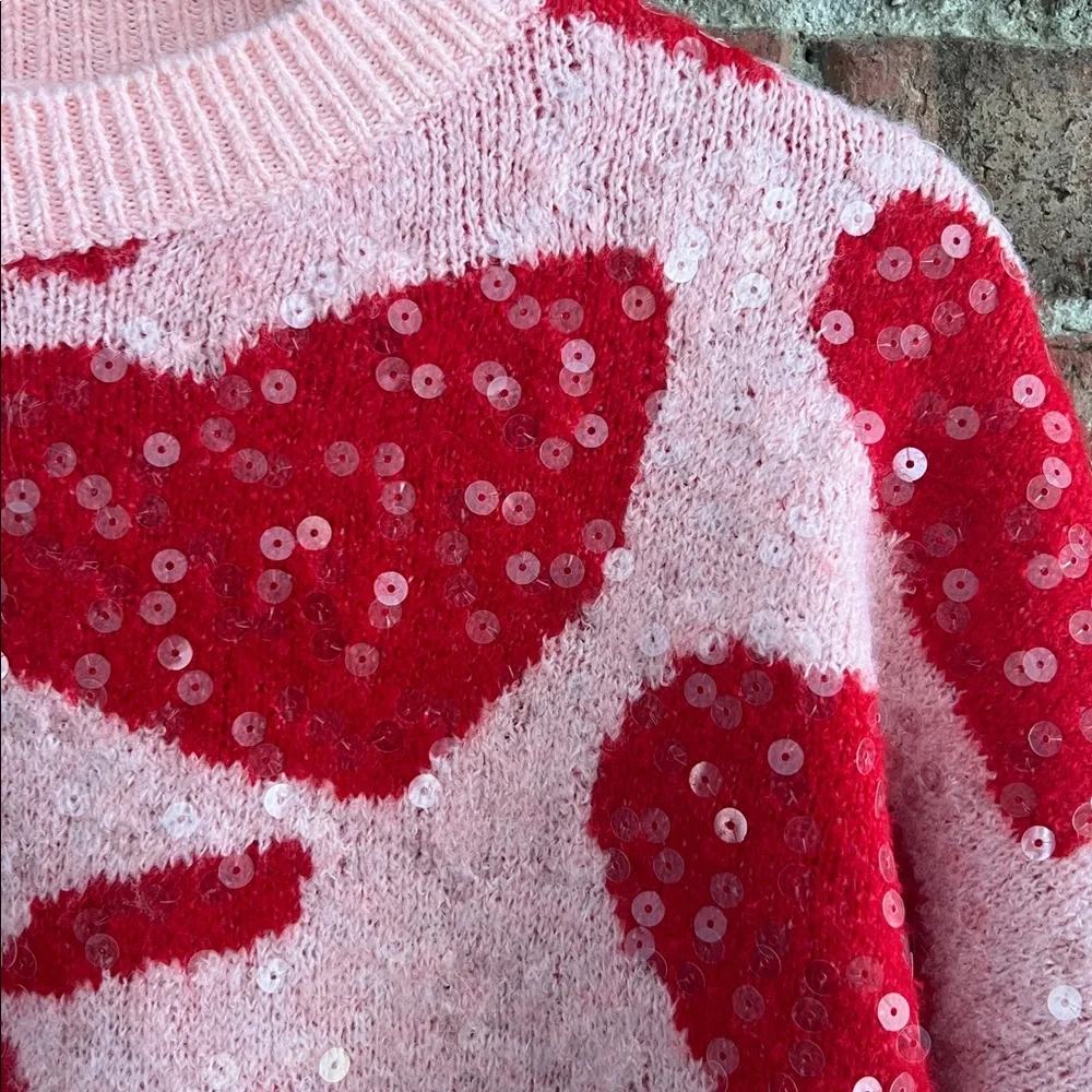 Luna Ivy Pink and Red Heart sequined Women's Sweater size M - Picture 3 of 6
